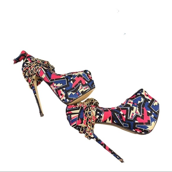 Redkiss Chain 6” Stiletto Heel Size 8.5 Blue Multi Color Geo Print Platform Clog - Picture 5 of 6
